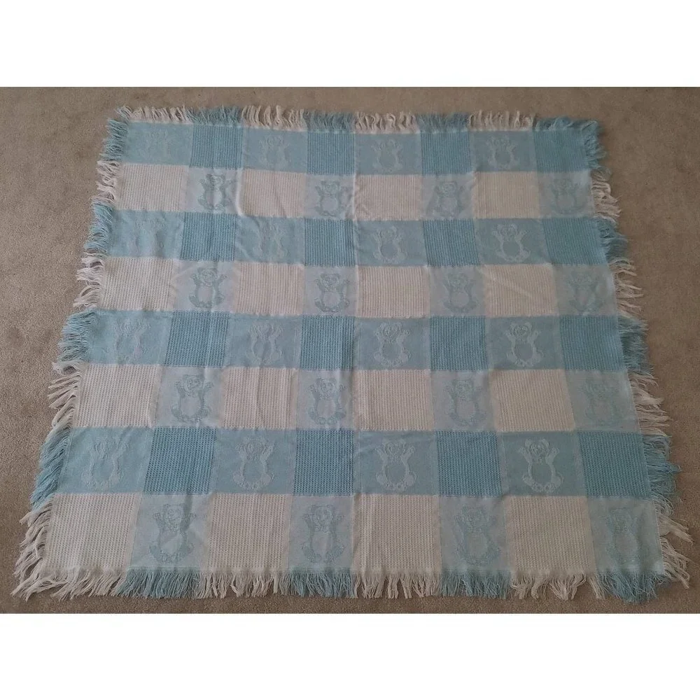 VTG Blue White Panda Bear Knit Baby Blanket Acrylic Fringe Plaid 50x50